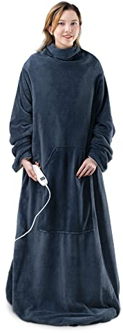 Navaris Coperta Termica con Maniche 195x125cm - Termocoperta Elettrica 150W Riscaldamento Regolabile Timer Telecomando 9 Livelli - Scalda Divano Snuggy - Blu/Crema