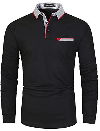 LIUPMWE Poloshirt Herren Langarm Slim Fit Denim Nähen Einfarbig Männer Golf Polo Shirts Baumwolle Polohemd