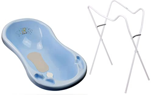 Baby Badewanne mit Gestell, Anti Rutsch Matte und Abflussschlauch blau