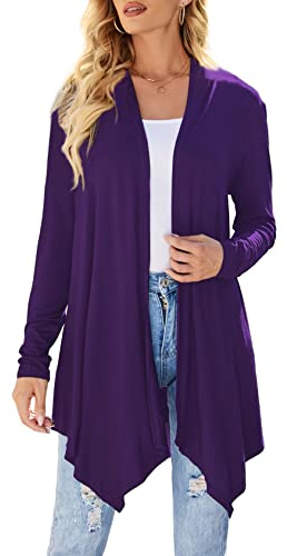 Uvog Cardigan Donna con Spacco Davanti Aperto Casual a Maniche Lunghe Leggero Maglioni Duster, Viola, L