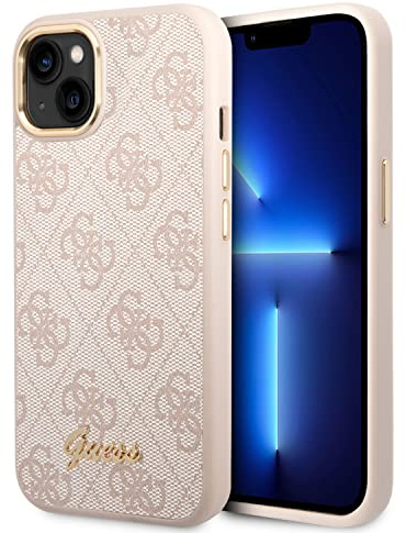 Guess Handyhülle für iPhone 14 Plus in Rosa 4G Muster & Script Logo, Anti-Kratzer PC/TPU, Bequeme & langlebige Hartschale mit zugänglichen Anschlüssen & Stoßdämpfung
