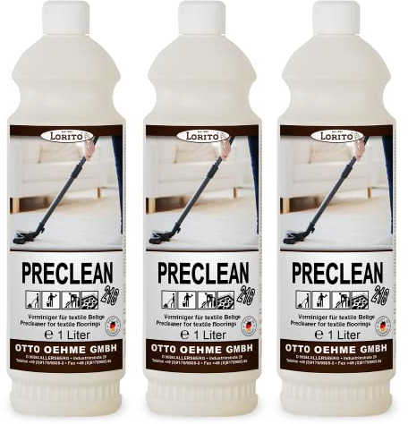 Lorito Preclean Vorreiniger für textile Beläge, Polsterreiniger, 3x 1 Liter Konzentrat, Fleckenentferner Kleidung, Sofa Teppich und Polster, schaumarm und umweltfreundlich