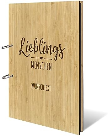 Personalisiertes Geburtstag Fotoalbum echtes Holz DIN A4 Erinnerungsbuch mit Lasergravur - Lieblingsmenschen - mit 25 Blatt / 50 Seiten Fotokarton Schwarz