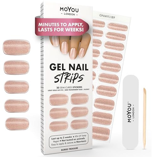 MOYOU LONDON Halbgehärtete UV Gel Strips - 20 Stück - Gel-Nagelfolien UV Härtend für Maniküre in Salonqualität - Buried Treasure