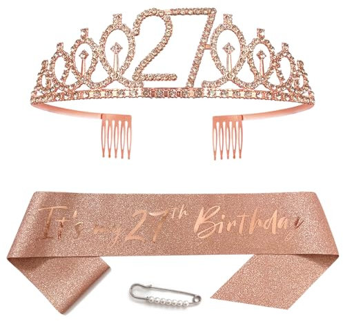 Yijunmca Bandeau 27e anniversaire en or rose pour filles : couronne avec strass, bande pailletée, décorations de joyeux anniversaire pour femmes 27 ans