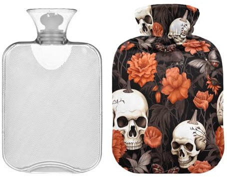 Bolsa de agua caliente vintage con diseño de calaveras de otoño de Halloween con bonita cubierta, bolsa de agua caliente de 2 litros, bolsa de compresión cálida para calambres menstruales, cuello,
