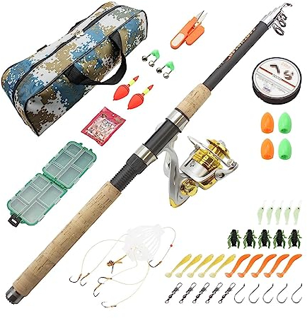 Canne à Pêche Canne à pêche et moulinet combinés, combinaison de cannes à pêche avec manche en bois allongé, canne à pêche à lancer long, matériel de pêche portable pliable Canne à Pêche Portable,Four