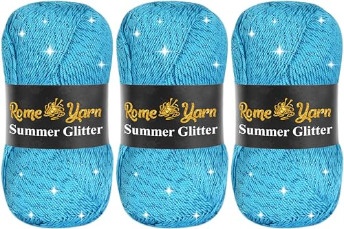 Rome Yarn Summer Glitter | 3 x 100g | Sommer Glitzer Garn | Seideneffekt | Anti-Pilling Metallic-Wolle | Acrylgarn Simli Wolle | Glitzerwolle (512 Himmelblau)