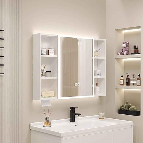 Wandmontierter Aufbewahrungsschrank, LED-Badezimmerspiegel mit Antibeschlagsystem und Knopf, beleuchteter Toilettenschrankspiegel, (Farbe: A, Größe: 60 cm)