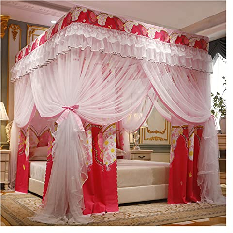 Prinzessinnen-Bettvorhänge, Moskitonetz, Himmelbett, Himmelbett, Rosa, Mädchenschlafzimmer, Baldachin für Kingsize-Bett (Bettvorhang + Moskitonetz + Halterung) (Größe: 2 x 2,2 m/6,6 x 7,2 Fu