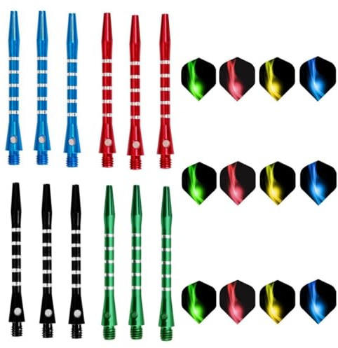 HRLORK Lot de 12 tiges de fléchettes avec ailettes, tiges en aluminium de 45 mm, multiples tiges et ailettes en métal, accessoires professionnels avec filetage standard 2BA