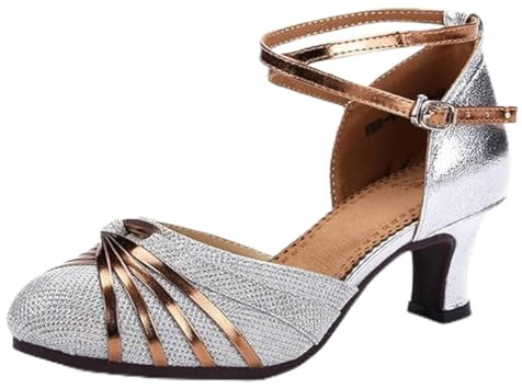 Zapatos de baile de mujer estándar latino tacones cerrados suela de goma, plata, 40 EU Estrecho