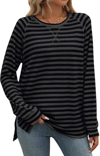 Flikity Womens Long Sleeve Tops Blouses for Women UK Ladies Crew Neck Tops Size 18-20 Striped Sweatshirt Women Basic T Shirts Spring Autumn Winter Tunic Clothes Black