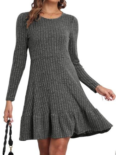Yutdeng Abito da Donna con Maniche Lunghe e Girocollo Elegante per Autunno e Inverno, Vestito Casual Pullover Maglione Abito in Maglia a Coste Linea ad A Svasato Midi, Grigio Scuro, M