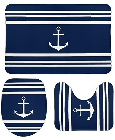 Badteppich-Set 3-Teilig Blau-Weiß Gestreifter Nautischer Anker Badezimmer Vorleger 3-Teiliges Waschbar U-Förmiger Teppich Wasserabsorbierend Badezimmer-Garnitur Für Badezimmer Badewanne