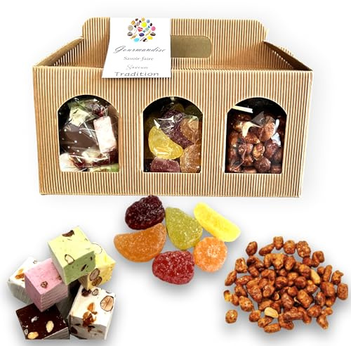 Coffret nougats et cacahuètes sucrée Pâte de fruits et chouchous pour amoureux de gourmandises - Assortiment de bonbons artisanaux pour toutes occasions et fete - Boite anniversaire