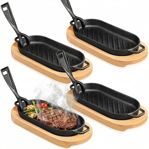Yiyiring Juego de 4 sartenes de hierro fundido para fajita con base de madera y mango extraíble, sartén de hierro fundido para el hogar, restaurante, cocina (8.66 x 4.33 pulgadas)