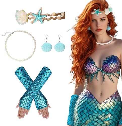 Lufdegim 4 Stück Meerjungfrau Kostüm Damen, Haarschmuck Kopfschmuck Seestern Haarband Muschel Handschuhe Perlenkette Meerjungfrau Accessoires Damen für Fasching Karneval Cosplay Kostüm