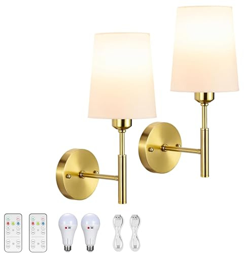 KarlpaSW Gold Wall Lights Battery Operated,5000mAh Rechargeable Wall Light Indoor Set of 2 Remote Control,Color Temperatures Dimmable Fabric Shade Battery Wall Lamp for Living Room Bedroom
