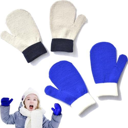 YCZARD 2Pairs Kids Winter Gloves Children Stretchy Warm Gloves Soft Knit Kids Gloves Toddler Stretch Mittens 4-11Years White Blue