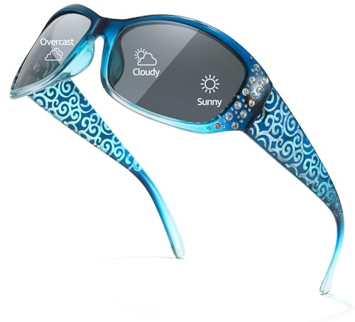 TJUTR Självtonande polariserade solglasögon för kvinnor med UV400 skydd, wrap-rund design med strass och graverad bygel, A Gradal blå/självtonande, Einheitsgröße