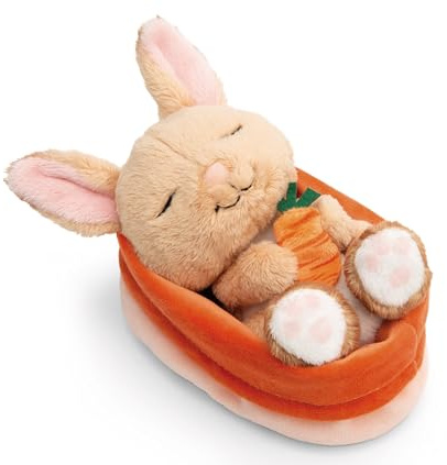 NICI Kuscheltier Hase mit Karotte 12cm schlafend im Körbchen - braun - Stofftier aus weichem Plüsch, niedliches Plüschtier zum Kuscheln und Spielen, für Kinder & Erwachsene - 61584