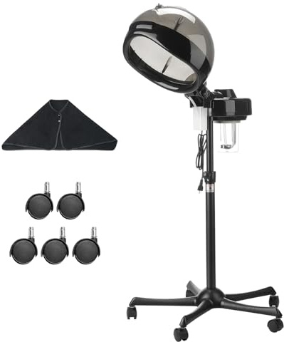 Happybuy Professional Hair Steamer for Deep Conditioning, 11.81 inch Hooded Ionic Hair Steamer with 2 Modes, Height-Adjustable Standing Hair Steamer with Timer, 5 Wheels (2 Lockable)