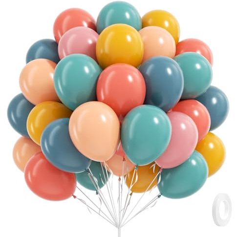 60pcs Boho Rainbow Balloons Assorted Colors 12inch with Slate Dusty Blue Mustard Yellow Pink Nude Colorful Balloons for Baby Shower Flower Groovy One Two Birthday Party Decorations
