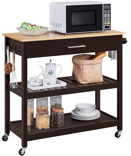 Yaheetech Rolling Kitchen Island Cart, Utility Storage Trolley on Wheels with Bamboo Worktop, Detachable Towel Rack and Drawer for Kitchen/Dining Room, Espresso