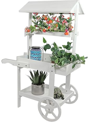 CYSYins Flower Cart Display Stand with Wheels - Dessert Candy Market 2 Shelves Fir Wood White