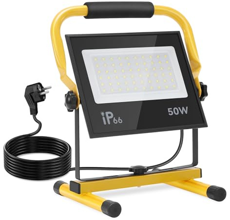 SINGTIP Foco Trabajo LED-golvlampa, 50 W, Lámpara de Trabajo 6 500 K med 1,35 m kabel, IP65 vattentät arbet för byggarbetsplatser, garage och verkstäder