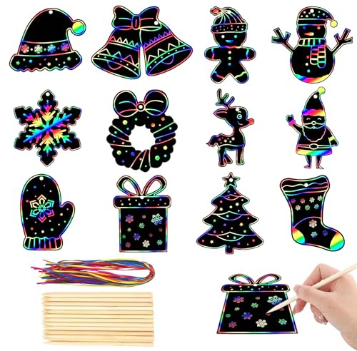 36 Stück Weihnachten Kratzbilder, Weihnachten Kratzbilder Regenbogen, kratzbilder für kinder mit 36 Bändern und 18 Holzstiften, Für Weihnachtsdeko, Adventskalender Füllung Für Kinder