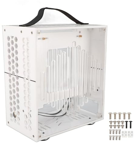 Miniature ITX PC Case Clear Acrylic Portable Small Gaming Computer Case 360 Degree Open Hollow Design with Airflow for DIY Gamers and Home Entertainment Transparent Panel (White)