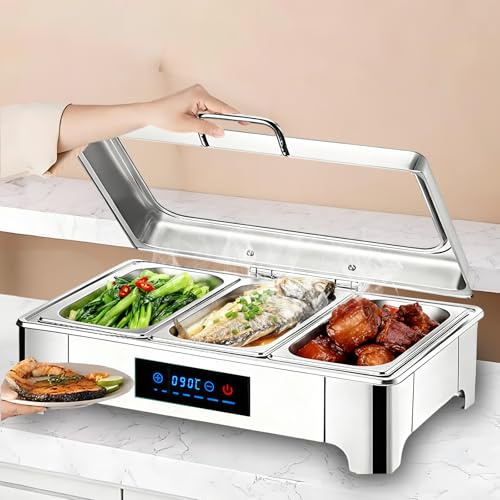 BOVDC 9L Chafing Dish Electrico para Buffet, Calentador de Buffet Electrico de Acero Inoxidable, Calentador de Comida Eléctrico Buffet con Toque Inteligente para Catering, Fiestas(1/3 Pan)