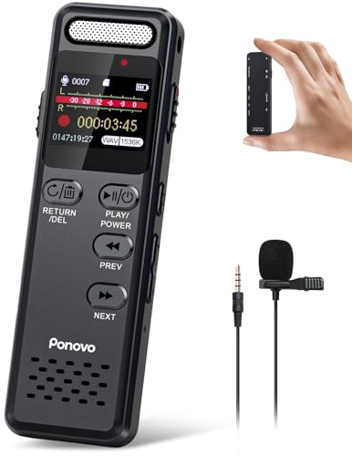 Enregistreur Vocal Numérique 16Go, Ponovo 100H Enregistrement Continu Dictaphone Audio 1536Kbps Activation Vocale avec Micro, 1100mAh Mini Enregistreur Portable avec Mot de Passe pour Interview Class
