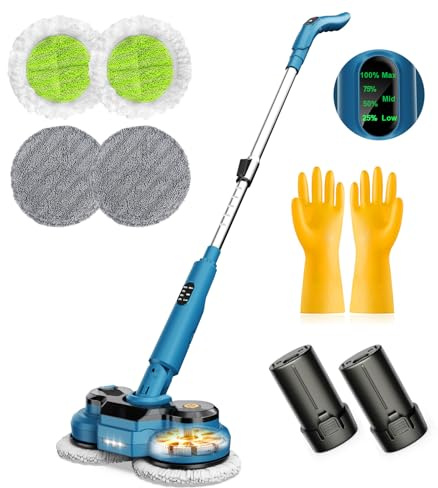 Balai Électrique sans Fil, Balai à Double Rotation avec 2 Batteries de 2000 mAh Pulvérisateur/Phare LED/ Écran Intelligent,Serpillere Electrique avec Réservoir d'eau de 300 ML pour Sols Multiples