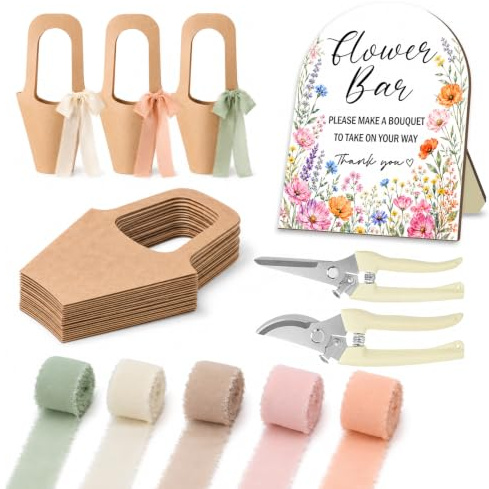 38Pcs Flower Bar Supplies Include Wood Flower Bar Sign Bouquet Wrapping Gift Bags with Handle Chiffon Ribbon Garden Scissors Kit for DIY Floral Bloom Wedding Bridal Baby Shower Birthday Party Decor