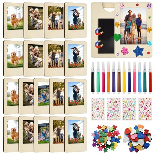 Guniata 20 Stück Magnetische Holzbilderrahmen zum Bemalen, DIY Bastelset Kinder inkl. 12 Stiften, Stickern & Pailletten, 9,5x6,5 cm Fotorahmen aus Holz für Kühlschrank, Weihnachten, Geburtstag(20pcs)