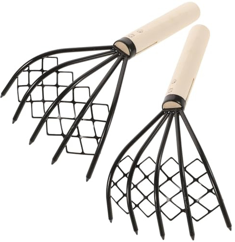 Mikikit Rastrello per Telline e Vongole in Acciaio al Carbonio con Manico in Legno, Design a Artiglio e Rete, Attrezzo da Giardino per Scavare Ostriche e Frutti di Mare