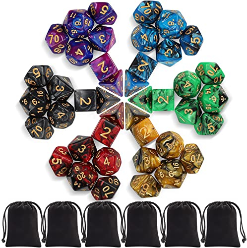 iFergoo Polyedrische Würfel Set, 6 x 7 (42 Stück) FarbSpielwürfel mit 6 Schwarze Kordelzugbeutel für Dungeons and Dragons DND RPG MTG Tischspiele，6 Set von D4 D6 D8 D10 D% D12 D20