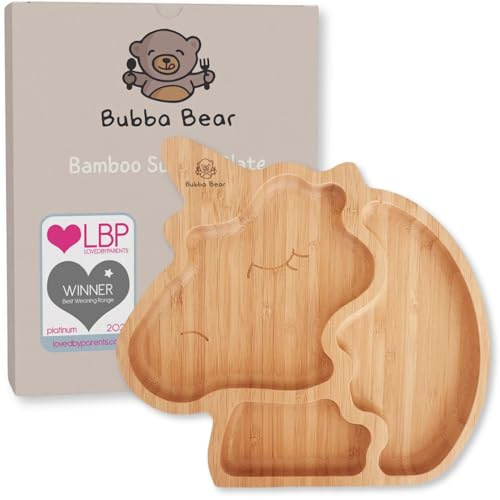 Bubba Bear Baby Kleinkind Saugnapf-Teller-Set | Hergestellt aus natürlichem Bambus | Stay Put Saugnapf-Platten für Entwöhnung von Babys und Kleinkinder (Einhorn)