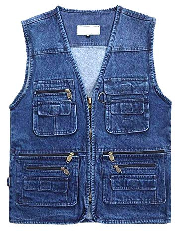 Daoba Herren Jeansweste Fotografen Ärmellos Jacken Outdoor Camping Multi-Tasche Wandern Arbeitsweste Baumwolle Anglerweste