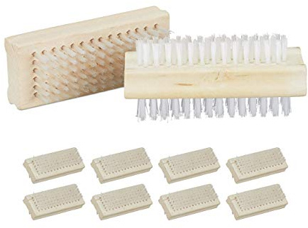 Relaxdays Handbürste Holz, 10er Set, doppelseitige Nagelbürste mit harten Borsten, Bad, HxBxT: 4 x 9 x 3,5 cm, natur