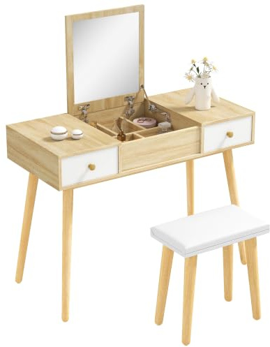 HOMCOM Postazione Trucco Moderno con Specchio Estraibile Color Legno | Toeletta Trucco, Organizer Gioielli, 2 Cassetti, Sgabello