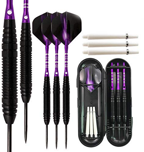 Sino-K Lot de 3 fléchettes en Acier Fléchettes Professionnelles en tungstène 22 grammes avec Arbres en Aluminium, Baril en Fer, Pointe en Acier et Arbres supplémentaires (Violet)