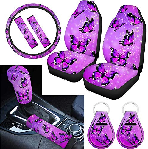 chaqlin Universal-Auto-Innenzubehör-Set, violett, glitzernd, Schmetterlings-Motiv, Vordersitzbezüge mit Schlüsselanhänger, Lenkradbezug, Gurtpolster, Schalthebelknauf-Abdeckung, Handbremsen-Abdeckung