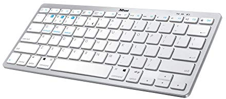 Trust Nado Clavier sans Fil Bluetooth, Mini Clavier AZERTY Français, Compact, Ultra Mince, 12 Touches de Fonction Multimédia, pour PC, Mac, Ordinateur, Portable, iPad, Tablet Argent - Blanc