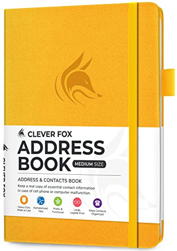 Clever Fox adressbok med alfabetiska flikar – PU-läder telefon och adressbok för att hålla kontakter säkra, kontaktorganiseringsdagbok, medelstorlek (13,5 x 19 cm) inbunden, bärnstensgul