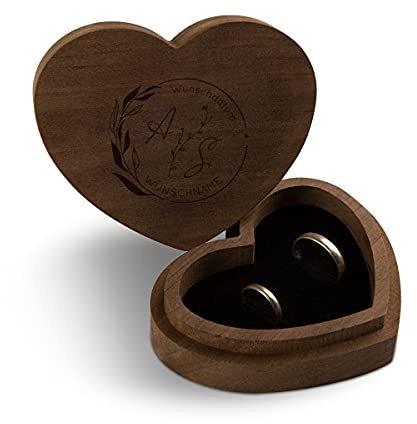 Hochzeit Ringbox Herz Ringkissen Ringschachtel individuell 10 x 8,5 cm Kebony Holz - Blumen Initialen