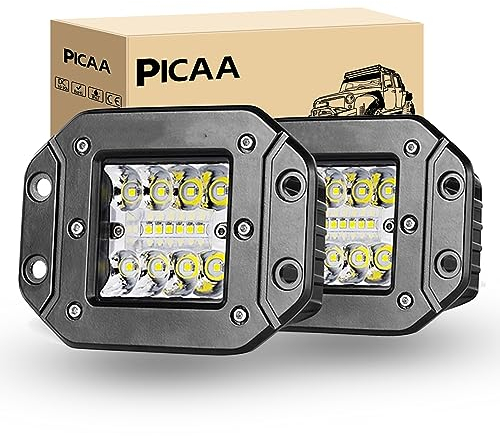 PICAA 2PCS 42W Flush Mount LED Light Pods Upgraded Spot Flood Combo Beam Driving Light LED Work Light Backup Light Reverse Light Grill Mount Light for Offroad 4x4 Truck SUV Jeep 12V 24V